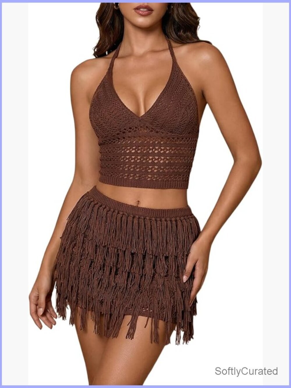 Crochet Halter Crop Top & Fringe Mini Skirt Set - 2 Piece Vacation Outfit